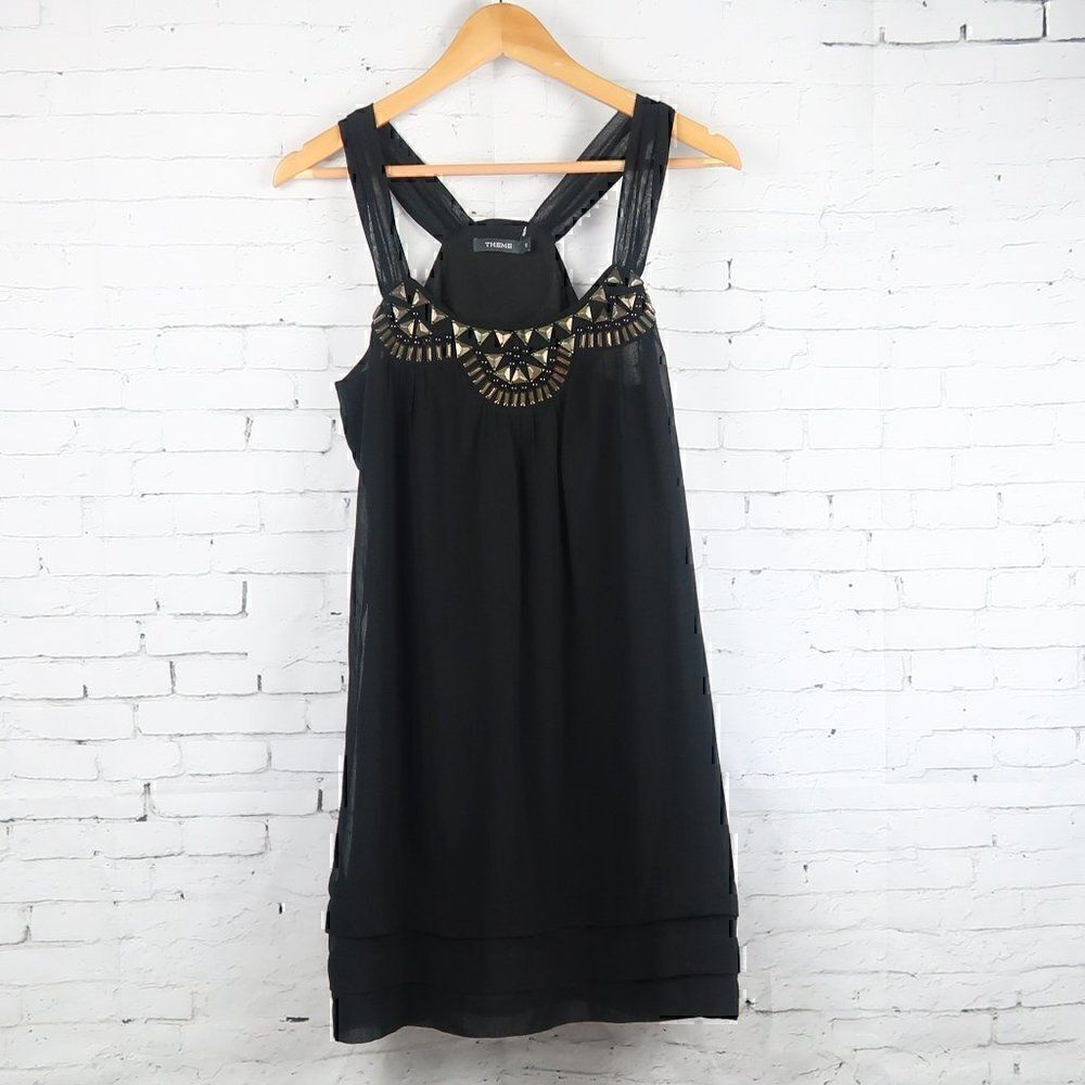 THEME BLACK SLEEVELESS SEMI SHEER BABYDOLL DRESS WITH AZTEC BEADED DETAIL SMALL